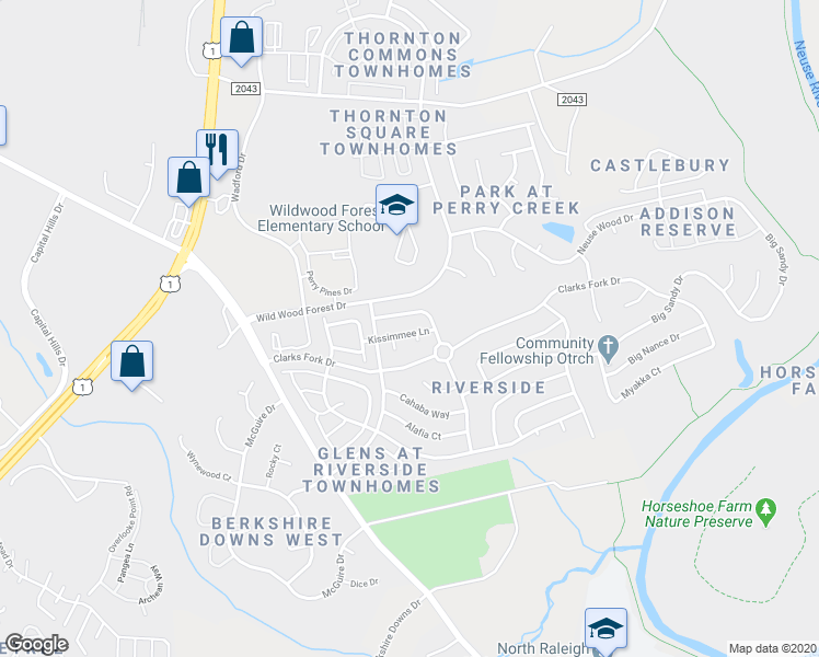 map of restaurants, bars, coffee shops, grocery stores, and more near 5425 Kissimmee Lane in Raleigh