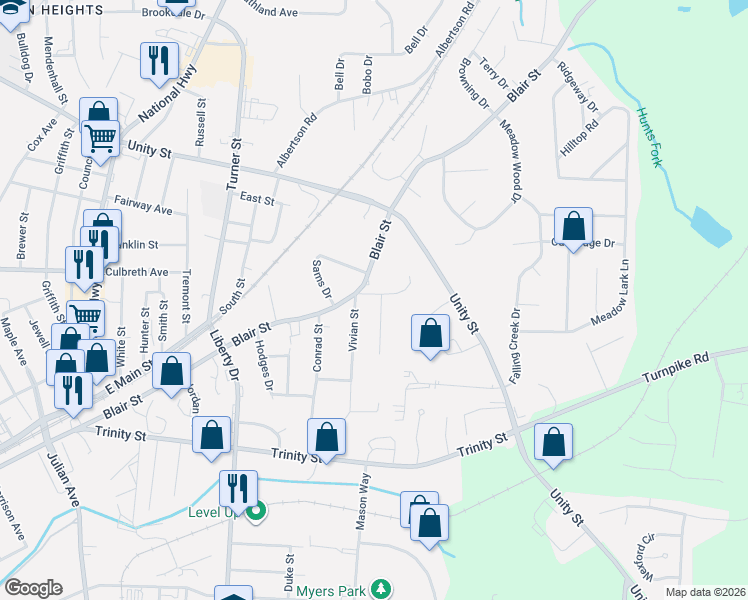 map of restaurants, bars, coffee shops, grocery stores, and more near 1203 Blair Street in Thomasville