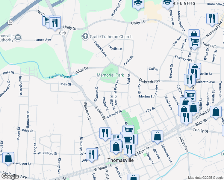 map of restaurants, bars, coffee shops, grocery stores, and more near 112 June Street in Thomasville