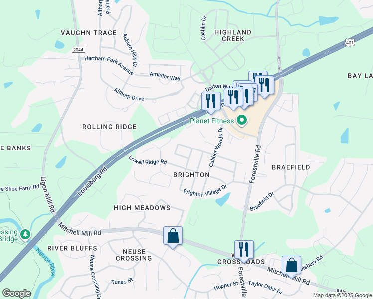 map of restaurants, bars, coffee shops, grocery stores, and more near 7332 Brighton Hill Lane in Raleigh