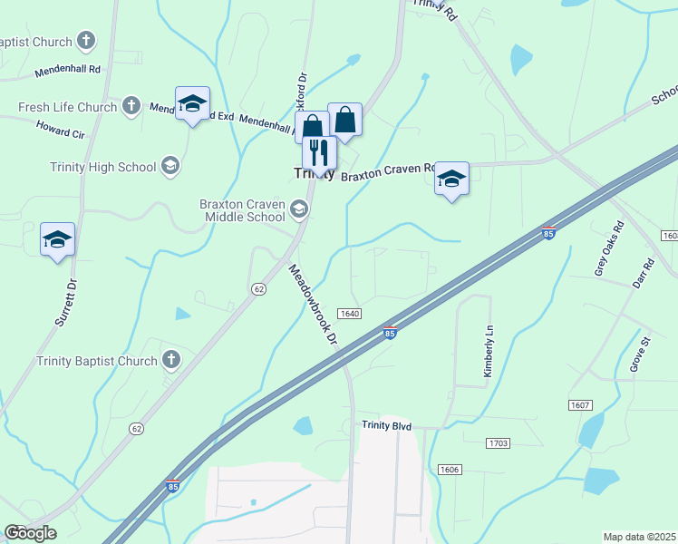 map of restaurants, bars, coffee shops, grocery stores, and more near 5253 Rosedale Street in Trinity