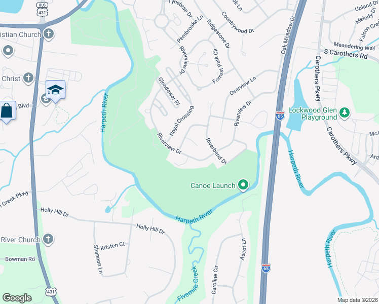 map of restaurants, bars, coffee shops, grocery stores, and more near 723 Riverview Drive in Franklin