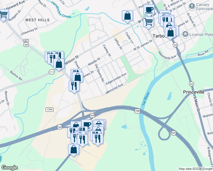 map of restaurants, bars, coffee shops, grocery stores, and more near 208 Old Sparta Road in Tarboro