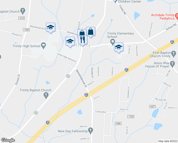 map of restaurants, bars, coffee shops, grocery stores, and more near 5253 Rosedale Street in Trinity