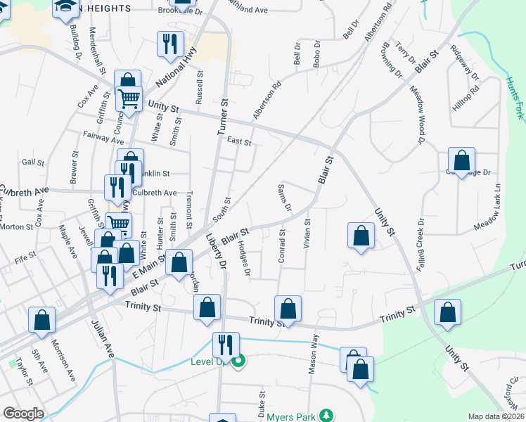 map of restaurants, bars, coffee shops, grocery stores, and more near 1028 Blair Street in Thomasville