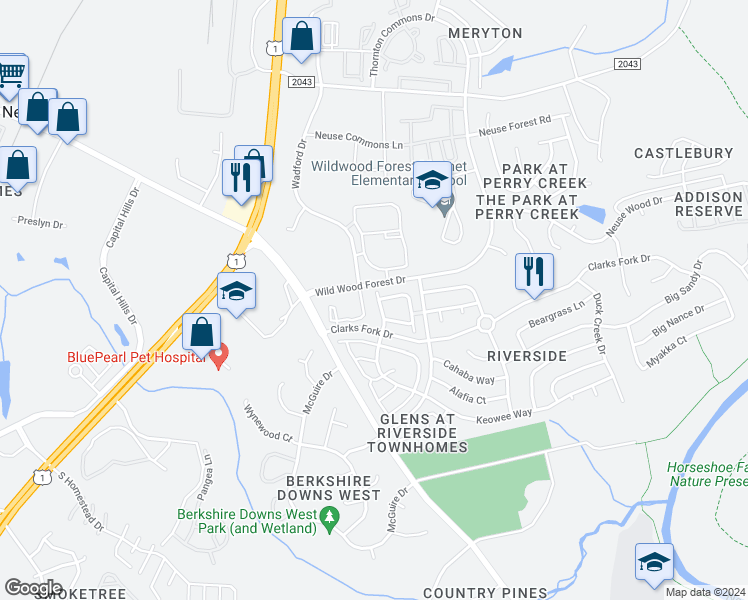 map of restaurants, bars, coffee shops, grocery stores, and more near 5208 Rio Grande Drive in Raleigh