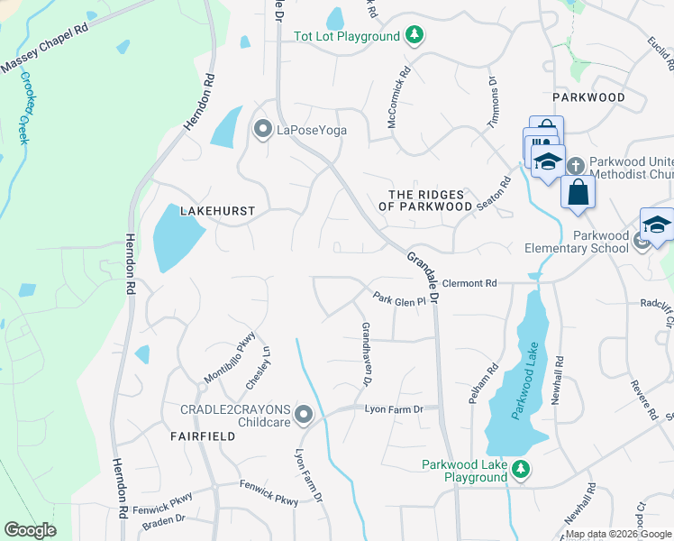 map of restaurants, bars, coffee shops, grocery stores, and more near 1014 Park Glen Place in Durham