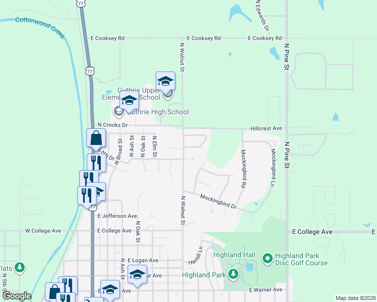 map of restaurants, bars, coffee shops, grocery stores, and more near 810 East Lamplighter Court in Guthrie