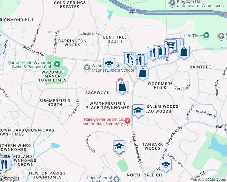 map of restaurants, bars, coffee shops, grocery stores, and more near 8801 Mourning Dove Road in Raleigh