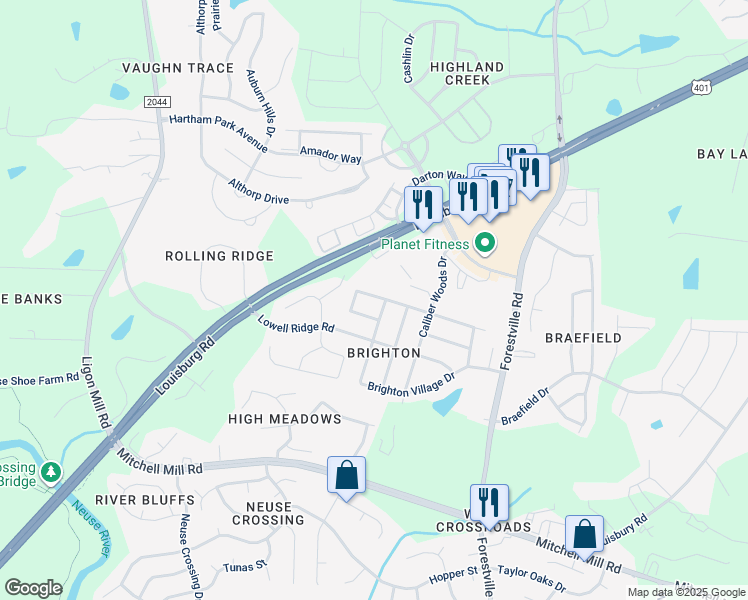 map of restaurants, bars, coffee shops, grocery stores, and more near 7332 Brighton Hill Lane in Raleigh