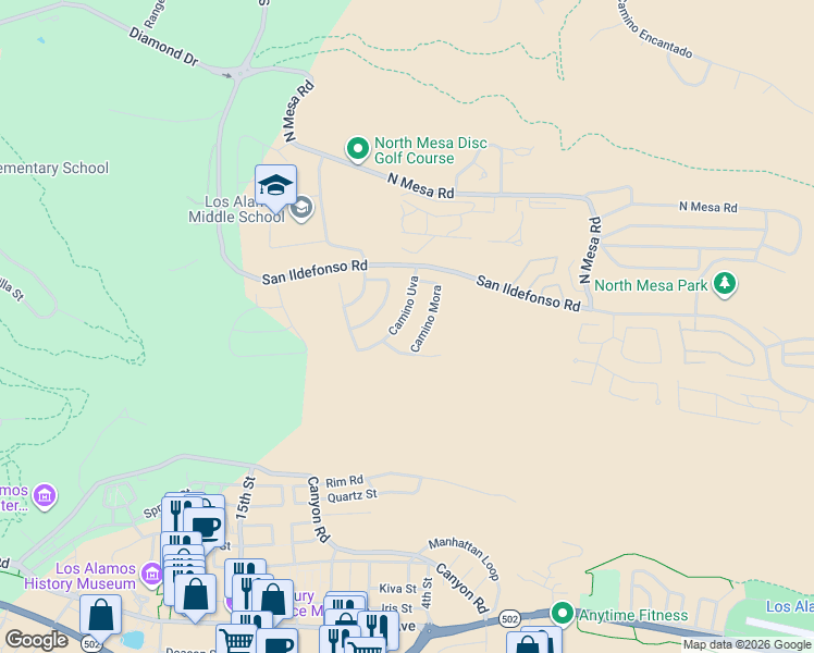 map of restaurants, bars, coffee shops, grocery stores, and more near 1860 Camino Mora in Los Alamos