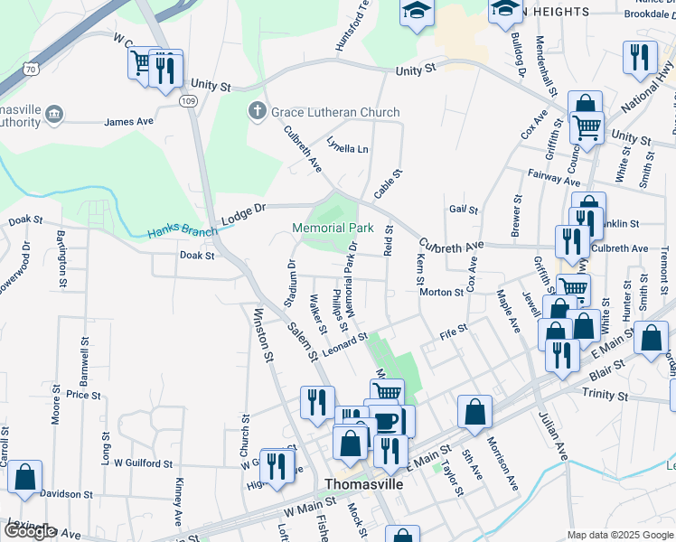 map of restaurants, bars, coffee shops, grocery stores, and more near 111 June Street in Thomasville