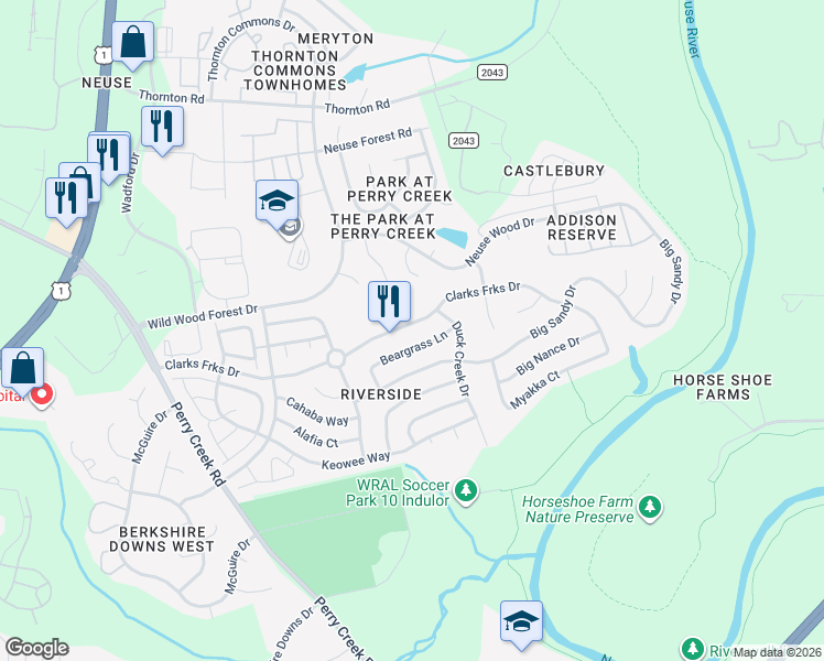 map of restaurants, bars, coffee shops, grocery stores, and more near 5721 Beargrass Lane in Raleigh