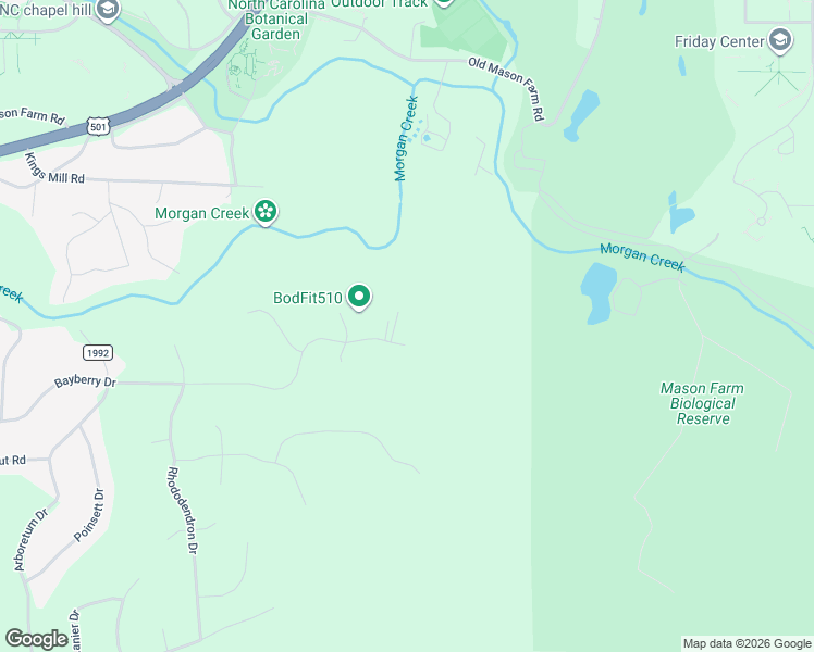 map of restaurants, bars, coffee shops, grocery stores, and more near 1203 Bayberry Drive in Chapel Hill