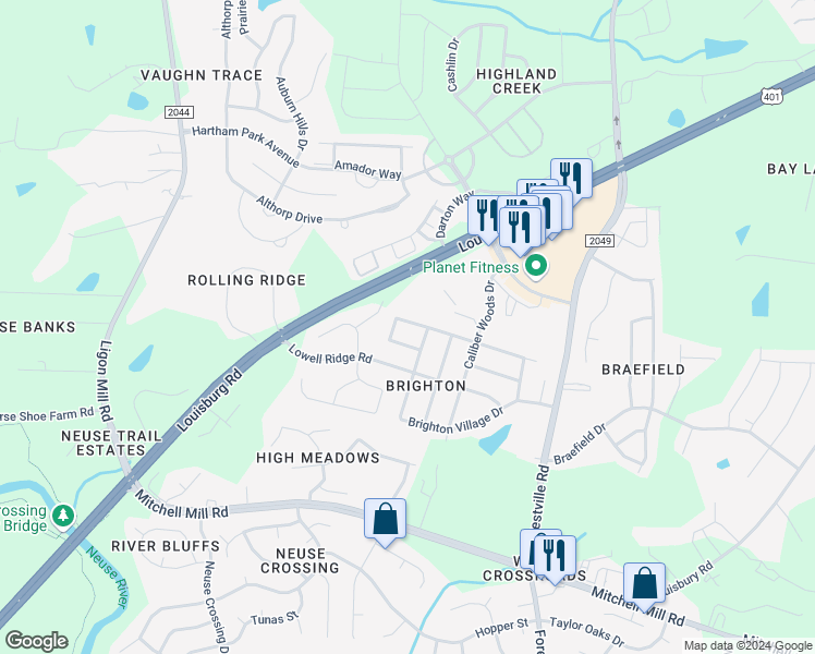 map of restaurants, bars, coffee shops, grocery stores, and more near 7324 Brighton Hill Lane in Raleigh