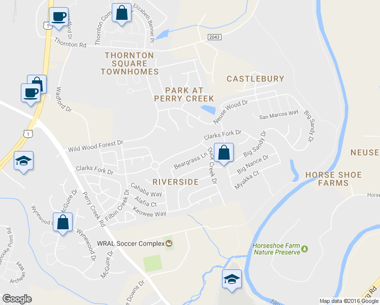 map of restaurants, bars, coffee shops, grocery stores, and more near 5721 Beargrass Lane in Raleigh