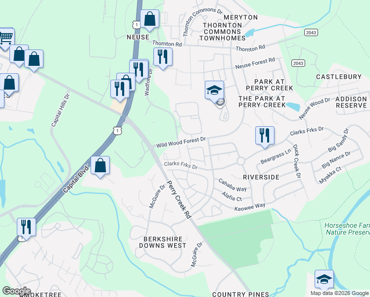 map of restaurants, bars, coffee shops, grocery stores, and more near 5301 Fair Rain Drive in Raleigh