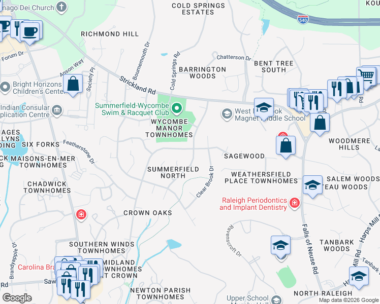 map of restaurants, bars, coffee shops, grocery stores, and more near 8208 Holly Berry Court in Raleigh