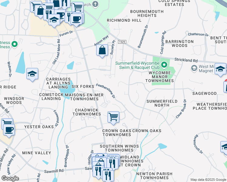 map of restaurants, bars, coffee shops, grocery stores, and more near 7900 Featherstone Drive in Raleigh