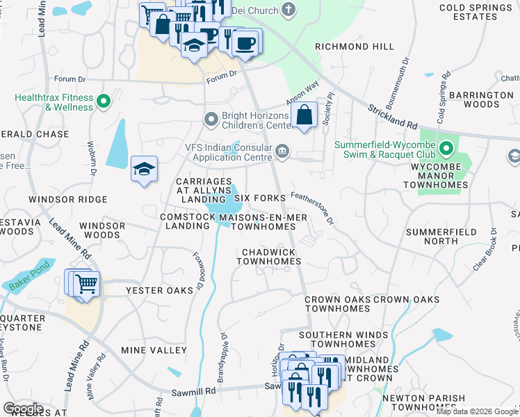 map of restaurants, bars, coffee shops, grocery stores, and more near 207 Bon Marche Lane in Raleigh
