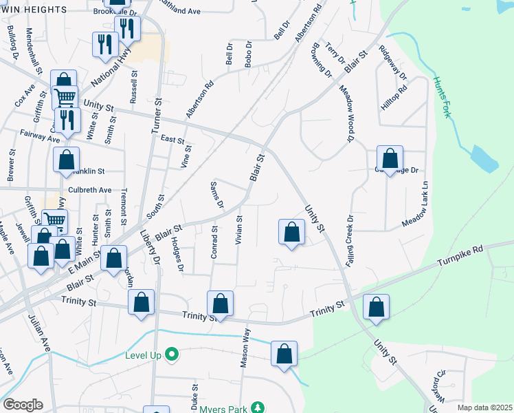 map of restaurants, bars, coffee shops, grocery stores, and more near 1203 Blair Street in Thomasville