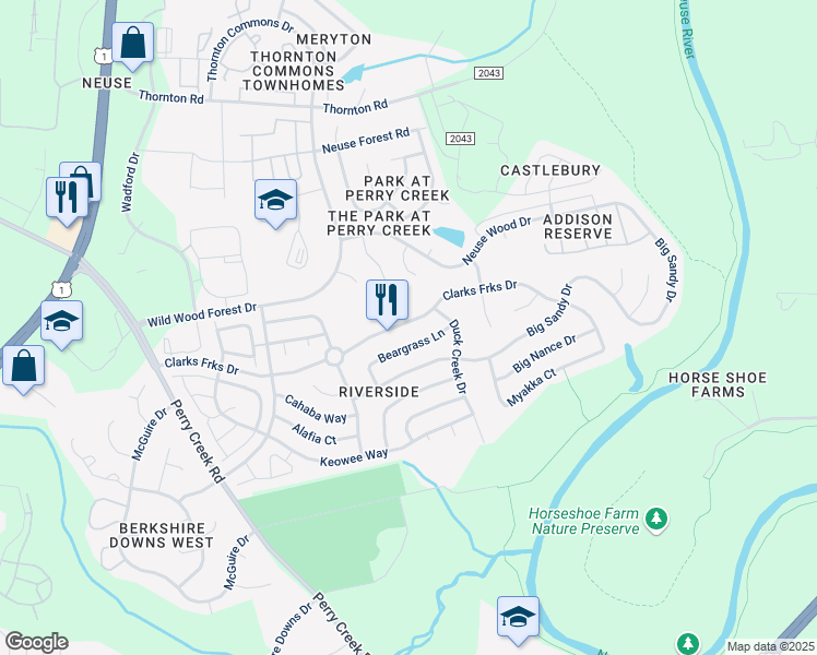 map of restaurants, bars, coffee shops, grocery stores, and more near 5716 Clarks Fork Drive in Raleigh