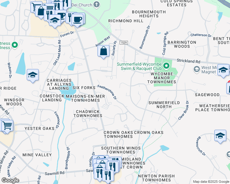 map of restaurants, bars, coffee shops, grocery stores, and more near 7900 Featherstone Drive in Raleigh