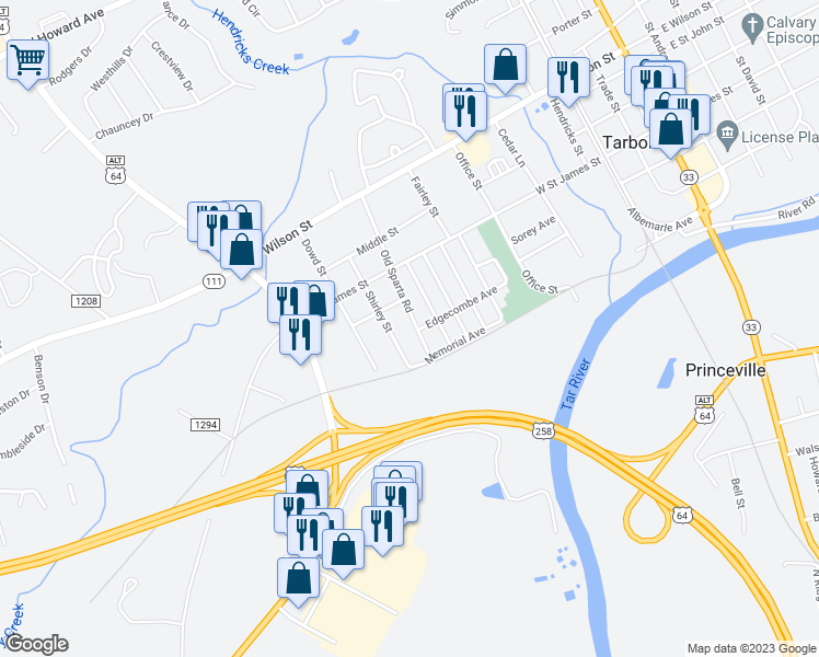map of restaurants, bars, coffee shops, grocery stores, and more near 220 Old Sparta Road in Tarboro