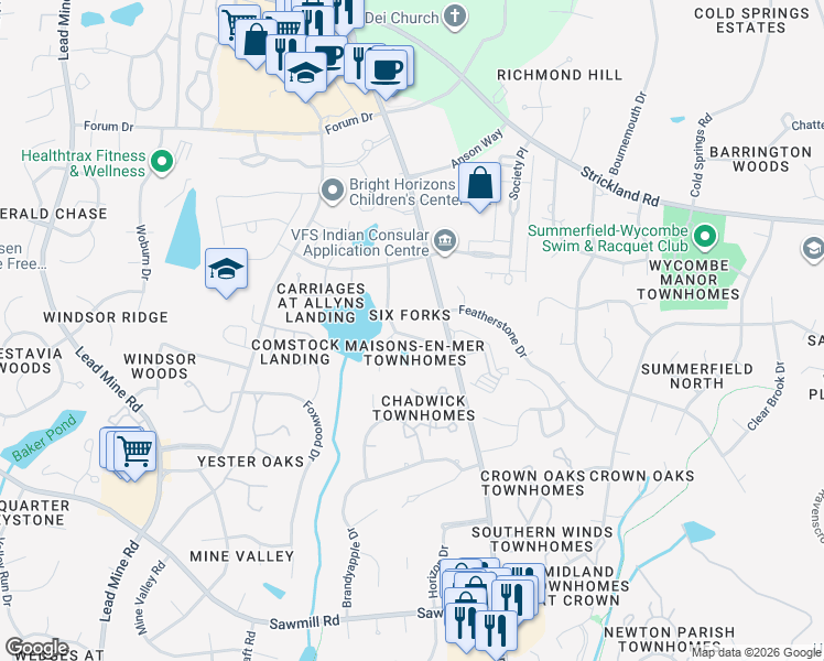 map of restaurants, bars, coffee shops, grocery stores, and more near 207 Bon Marche Lane in Raleigh