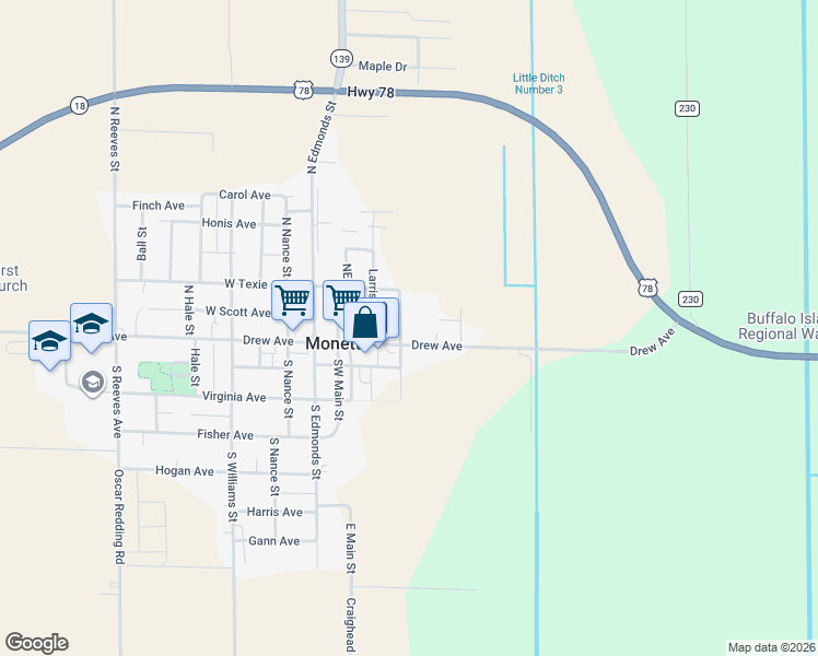 map of restaurants, bars, coffee shops, grocery stores, and more near 106 North Carruthers Street in Monette