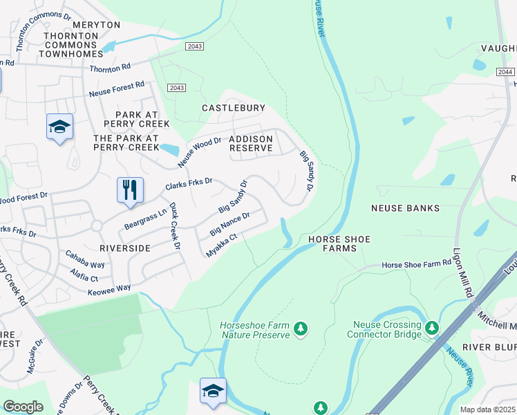 map of restaurants, bars, coffee shops, grocery stores, and more near 5973 Big Nance Dr in Raleigh