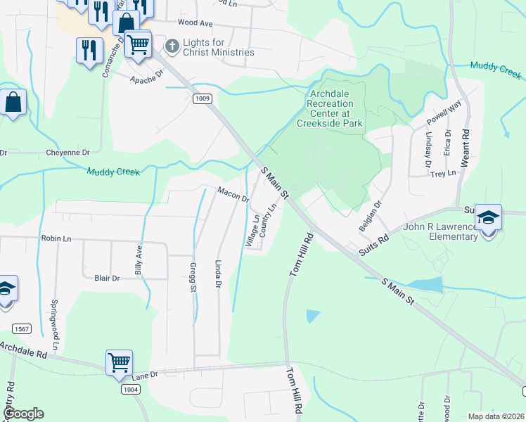 map of restaurants, bars, coffee shops, grocery stores, and more near 5106 Country Lane in Archdale