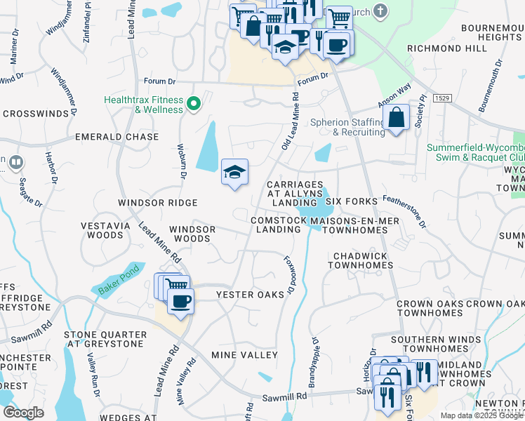 map of restaurants, bars, coffee shops, grocery stores, and more near 851 Swan Neck Lane in Raleigh