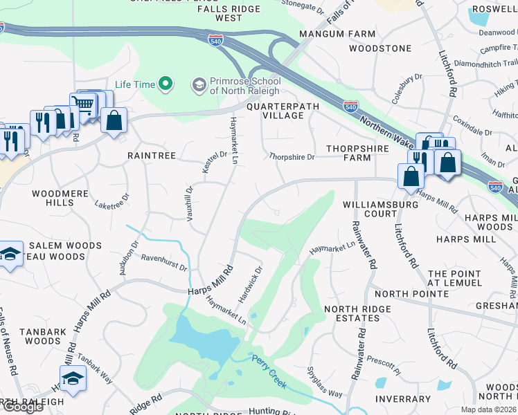 map of restaurants, bars, coffee shops, grocery stores, and more near 7909 South Bridgewater Court in Raleigh