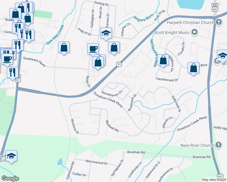 map of restaurants, bars, coffee shops, grocery stores, and more near 267 Stonehaven Circle in Franklin