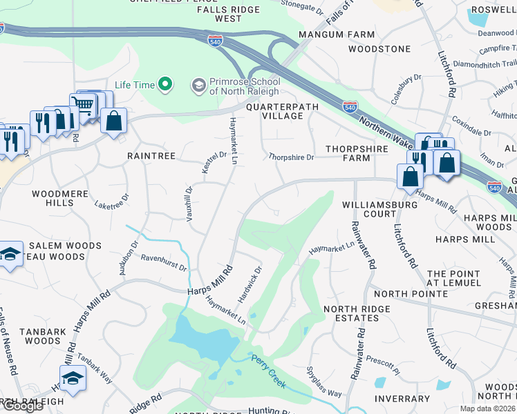 map of restaurants, bars, coffee shops, grocery stores, and more near 7909 South Bridgewater Court in Raleigh