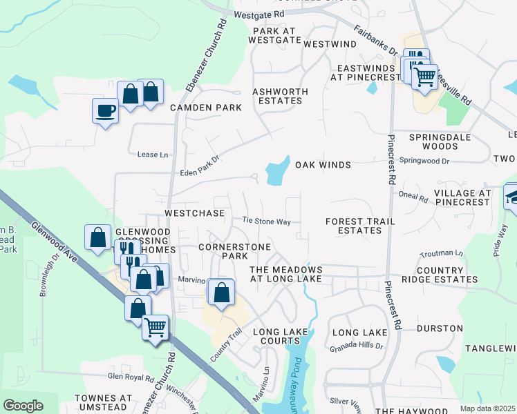 map of restaurants, bars, coffee shops, grocery stores, and more near 8340 Tie Stone Way in Raleigh