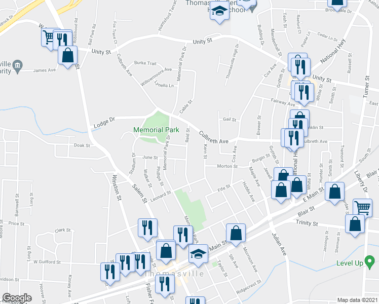 map of restaurants, bars, coffee shops, grocery stores, and more near 405 Reid Street in Thomasville