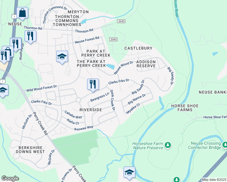 map of restaurants, bars, coffee shops, grocery stores, and more near 8220 Duck Creek Drive in Raleigh