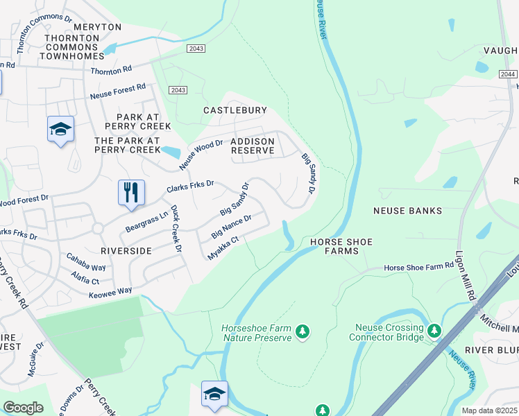map of restaurants, bars, coffee shops, grocery stores, and more near 5973 Big Nance Dr in Raleigh