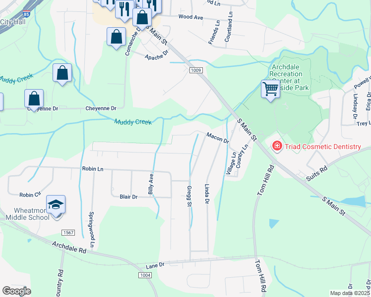 map of restaurants, bars, coffee shops, grocery stores, and more near 300 Gregg Street in Archdale