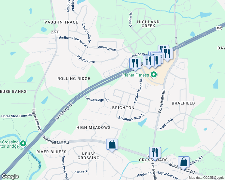 map of restaurants, bars, coffee shops, grocery stores, and more near 7221 Brighton Hill Lane in Raleigh