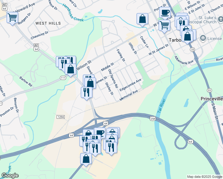 map of restaurants, bars, coffee shops, grocery stores, and more near 205 Shirley Street in Tarboro