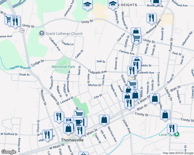 map of restaurants, bars, coffee shops, grocery stores, and more near 408 West Street in Thomasville