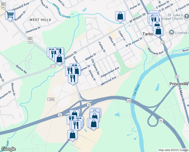 map of restaurants, bars, coffee shops, grocery stores, and more near 205 Shirley Street in Tarboro