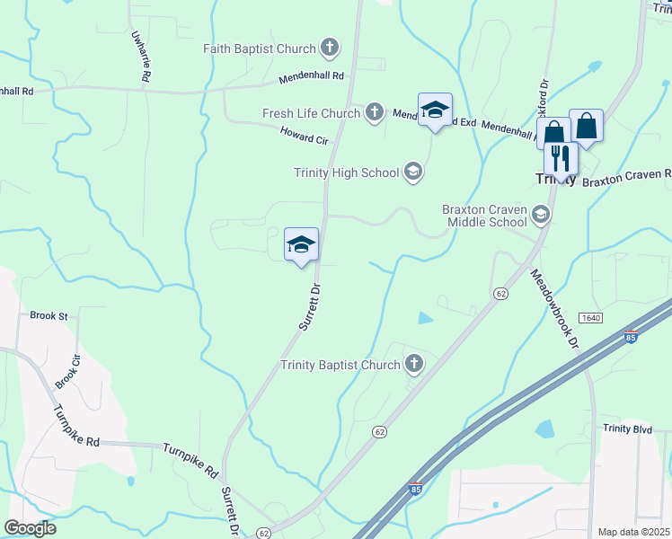 map of restaurants, bars, coffee shops, grocery stores, and more near 5268 Surrett Drive in Archdale