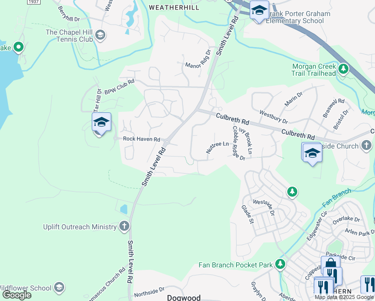 map of restaurants, bars, coffee shops, grocery stores, and more near 307 Rossburn Way in Chapel Hill