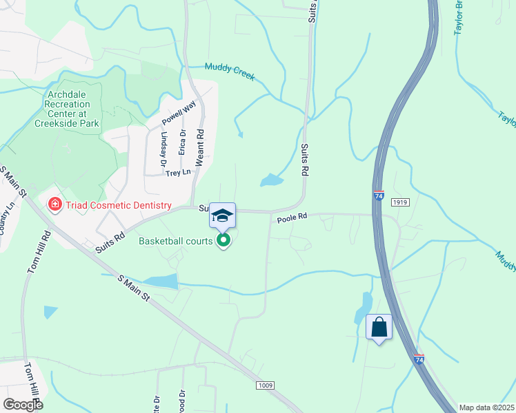 map of restaurants, bars, coffee shops, grocery stores, and more near 6129 Suits Road in Archdale