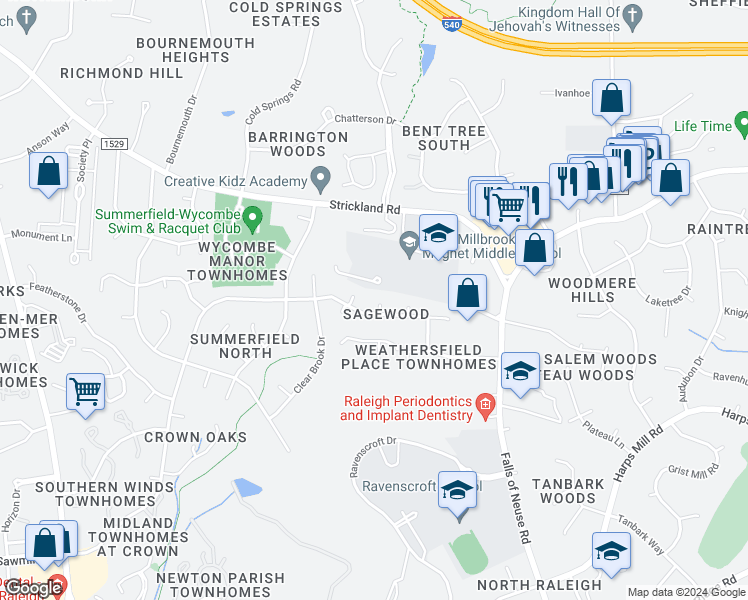 map of restaurants, bars, coffee shops, grocery stores, and more near 8305 Circlewood Court in Raleigh