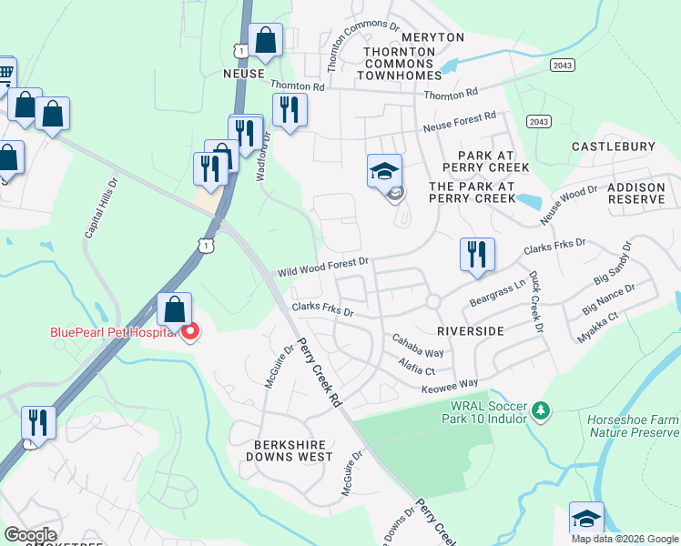 map of restaurants, bars, coffee shops, grocery stores, and more near 5301 Fair Rain Drive in Raleigh